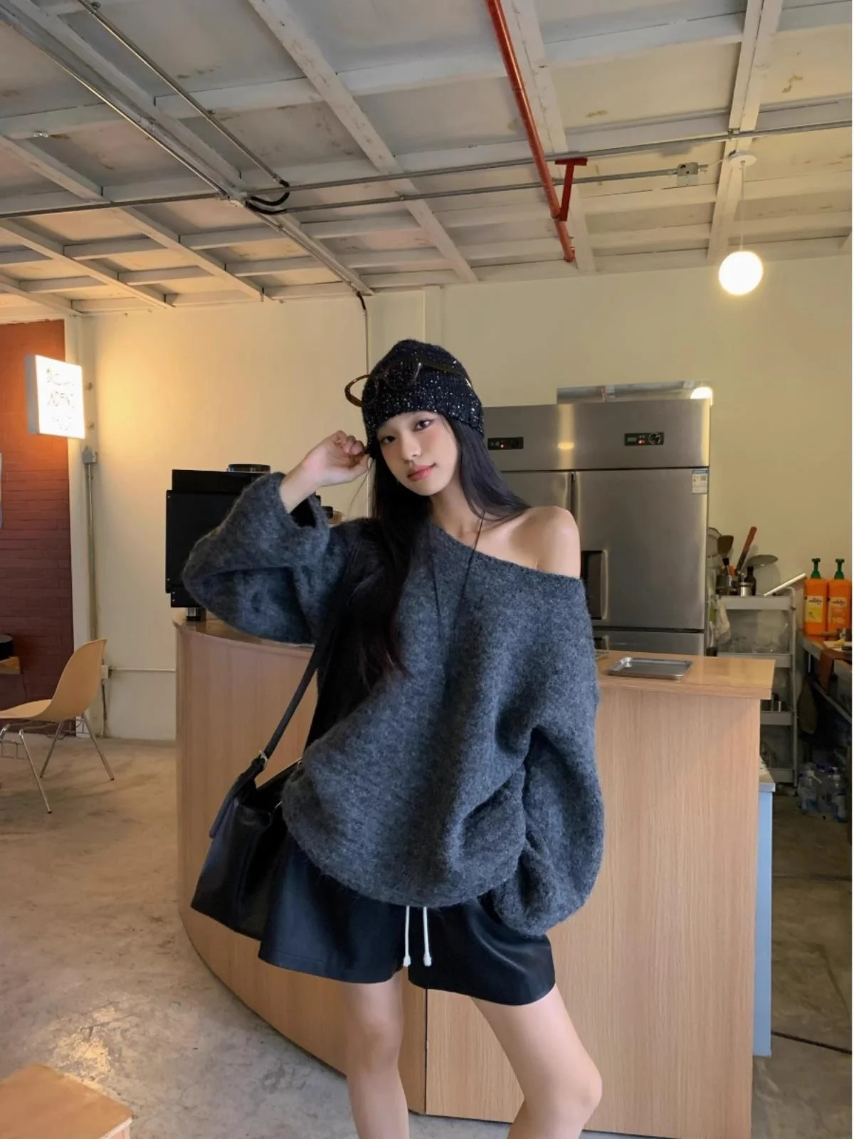 ay oulder-baring Long Sve Pullover Knitwear Loose Fit Lazy Sle Autumn Winter Women's Faion Soft Versatile Top