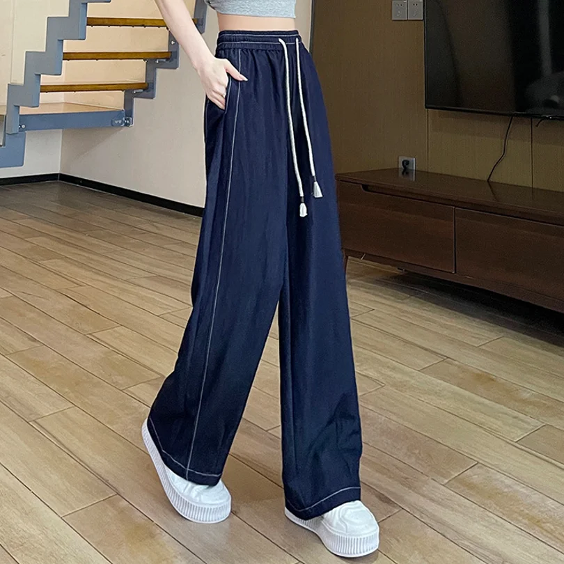 بنطلون جينز نسائي خفيف الوزن وواسع الساق من Yapher بخصر عالٍ مع بنطال برباط مرن يسمح بمرور الهواء باللون الأزرق الداكن