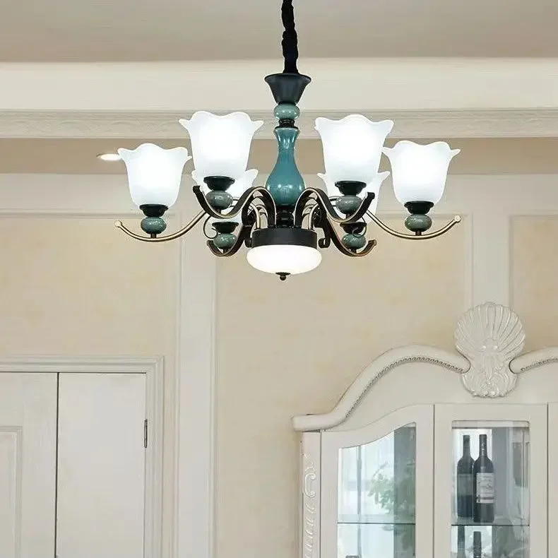 Vintage Glass Ceramic Chandelier Retro Iron Hanging Lamp for Bedroom Dining Room Elegant Light Home Interior Decor