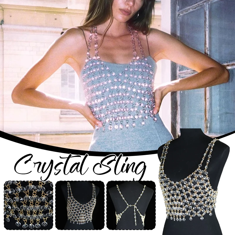 Women Shiny Crop Tops Stage Performance Crystal Camisole Bra Chain Clothing Y2K Camis Nightclub Party TV Show Tops Tank Tops