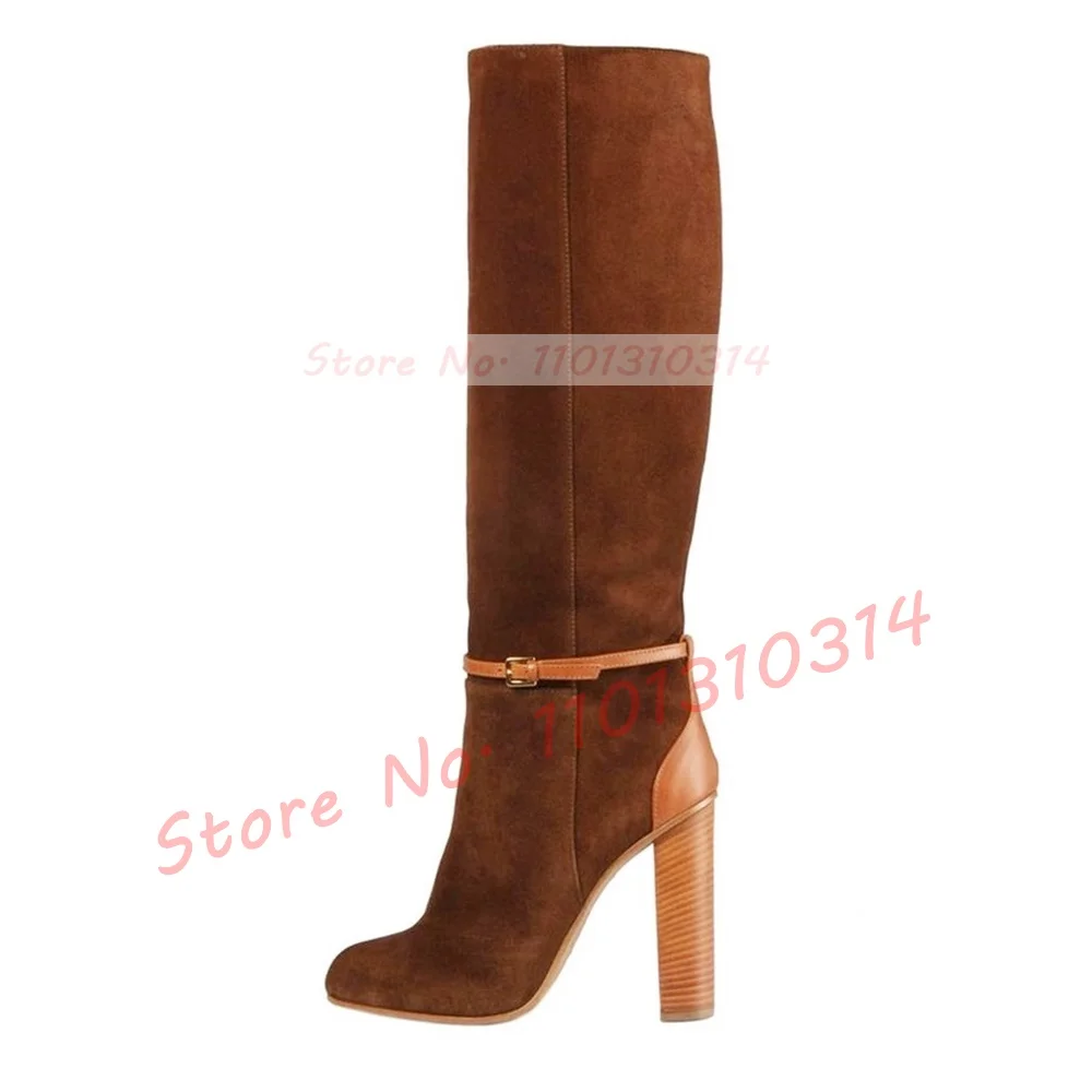 Ankle Strap Suede Brown Long Boots Women Elegant Round Toe Wood Grain Block High Heels Shoes Ladies Catwalk Knee High Boots