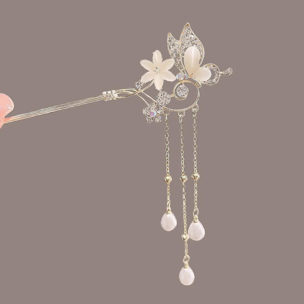 Opal Butterfly Hair Stick Chinese Style Cheongsam Hair Clasp Pearl Tassel Hairpin Forks Ancient Han Costume Hair Bun Jewelry