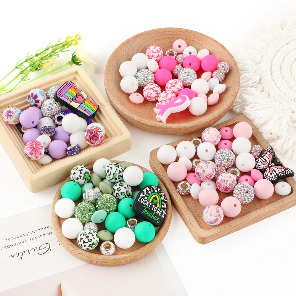 33Pcs/Set New Silicone Focal Beads Silicone Round Lentil Loose Bead Set For Jewelry Making DIY Keychain Pen Bracelet Accessories
