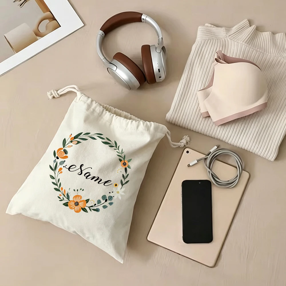 Personalized Floral Wreath Drawstring Bags Custom Names Cute Orange Flower Botanical Storage Gifts Pouches Travel for Women Girl