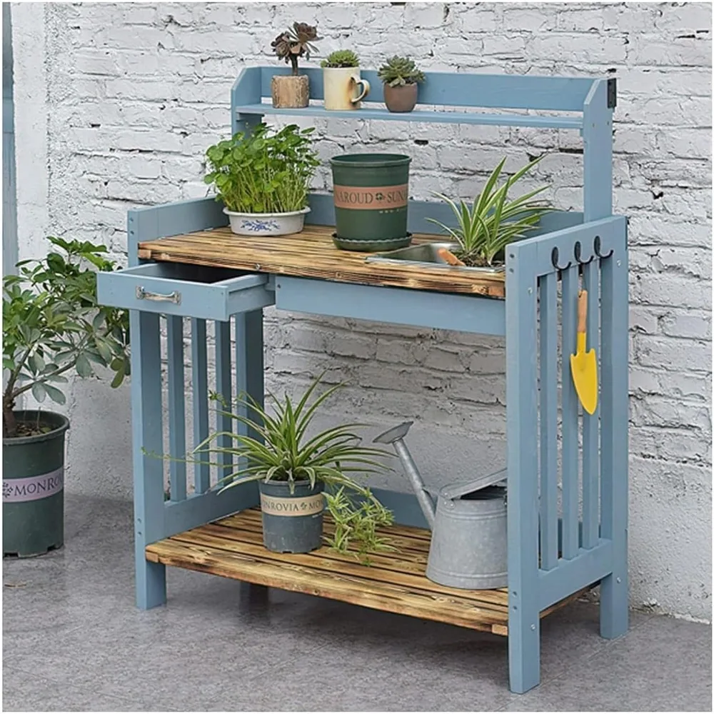 Bench Table,Garden Potting Table, Potting Bench Table Wooden Outdoor Garden Potting (Color : Blue, Size : 100x45x119