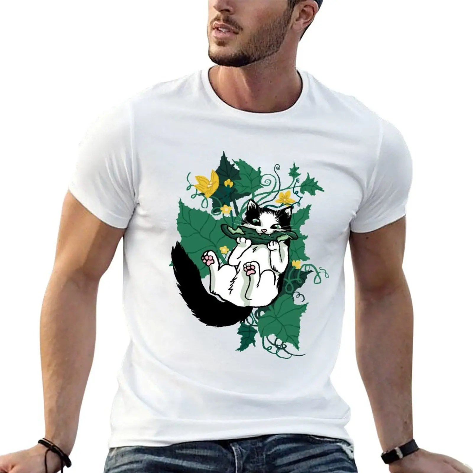 Camiseta Mauri and a Cucumber with Flowers, camiseta para hombre, camiseta gráfica para hombre, camisetas de algodón pesado, camiseta de diseñador