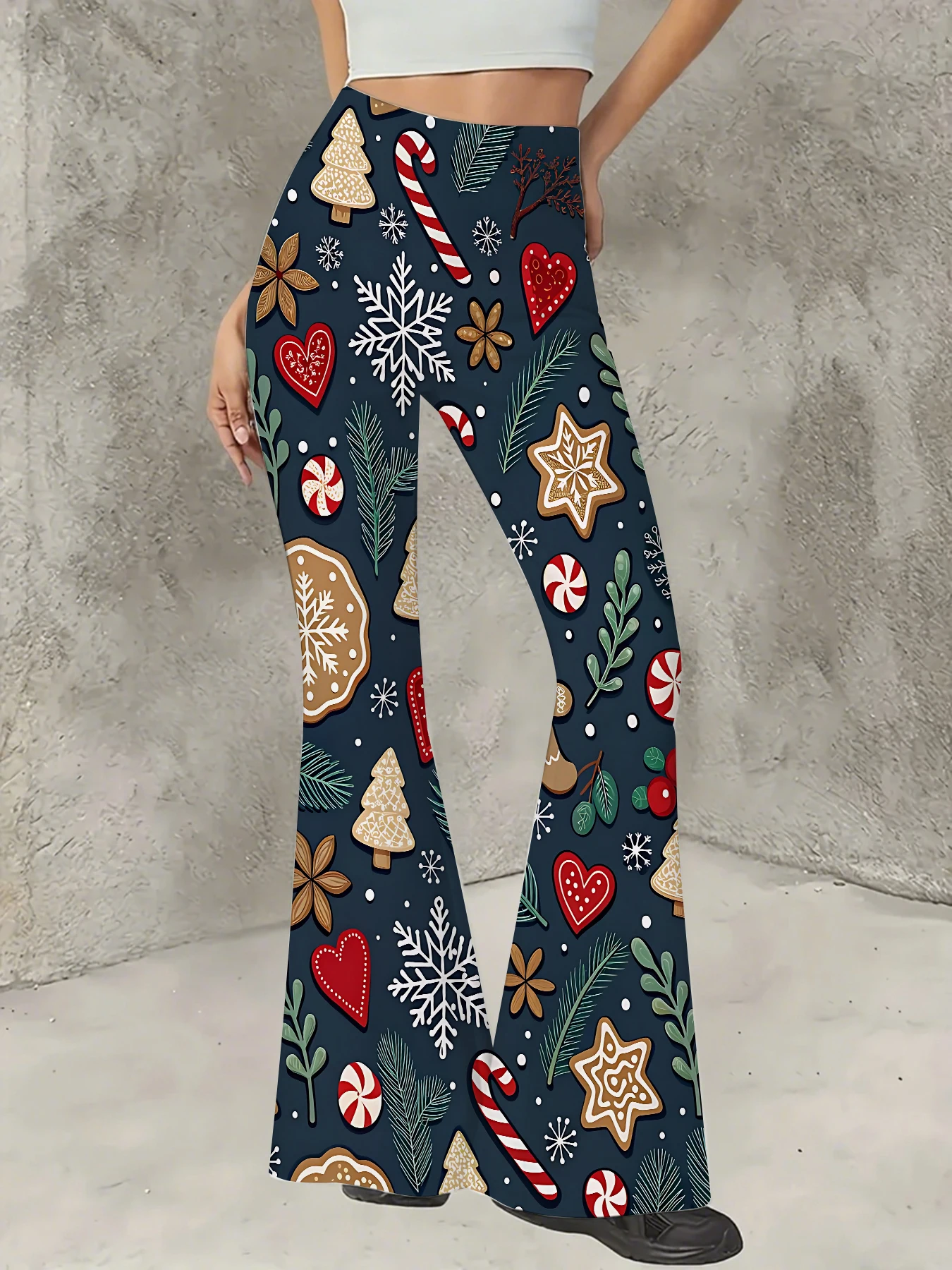 

Retro Printed Flare Pants Women High Waist Polyester Knit Bell Bottom Trousers