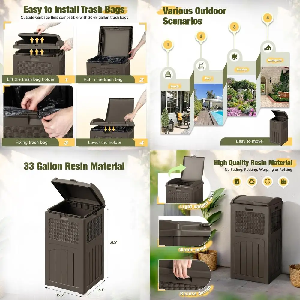 

Heavy-Duty 33-Gallon Outdoor Trash Bin with Double Lid, Waterproof Resin, Ideal for Patio, Pool, Backyard, Deck (2, Deep Brown)