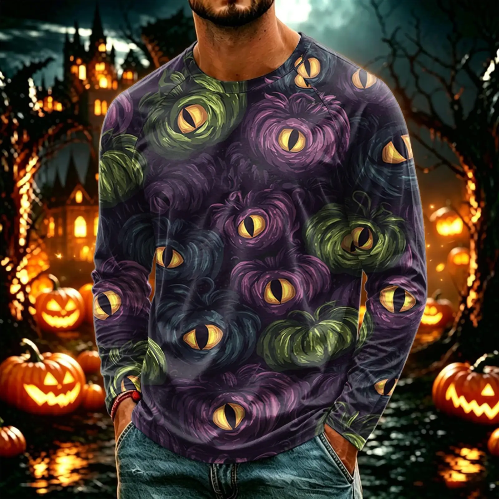 Men Crew Neck Long Sleeve Tee Halloween Full Print Pumpkin Ghost Witch Castle Casual Party Daily Tops
