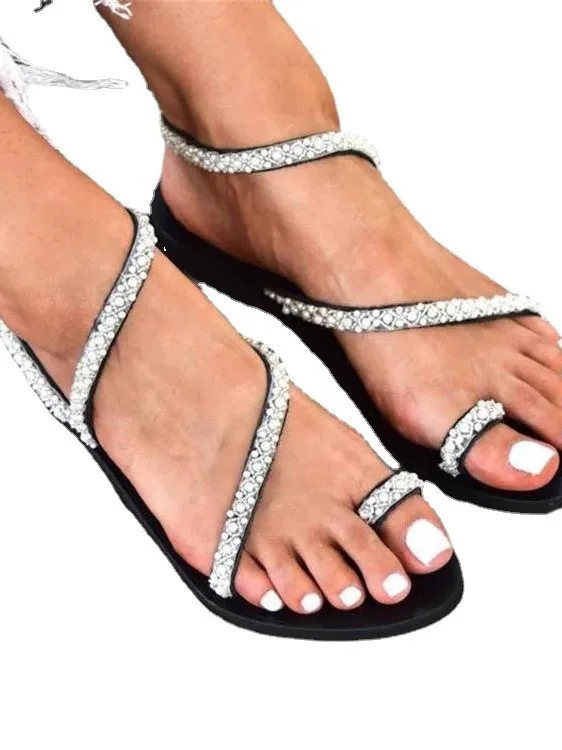 2025 Sommer neue Beine Perle flache Sandalen Damen große Strandschuhe