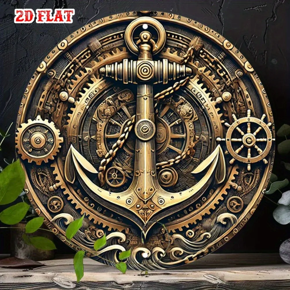 Vintage Blue Steampunk Anchor Metal Sign 7.8in Round Wall Art for Cafe Beach House Decor