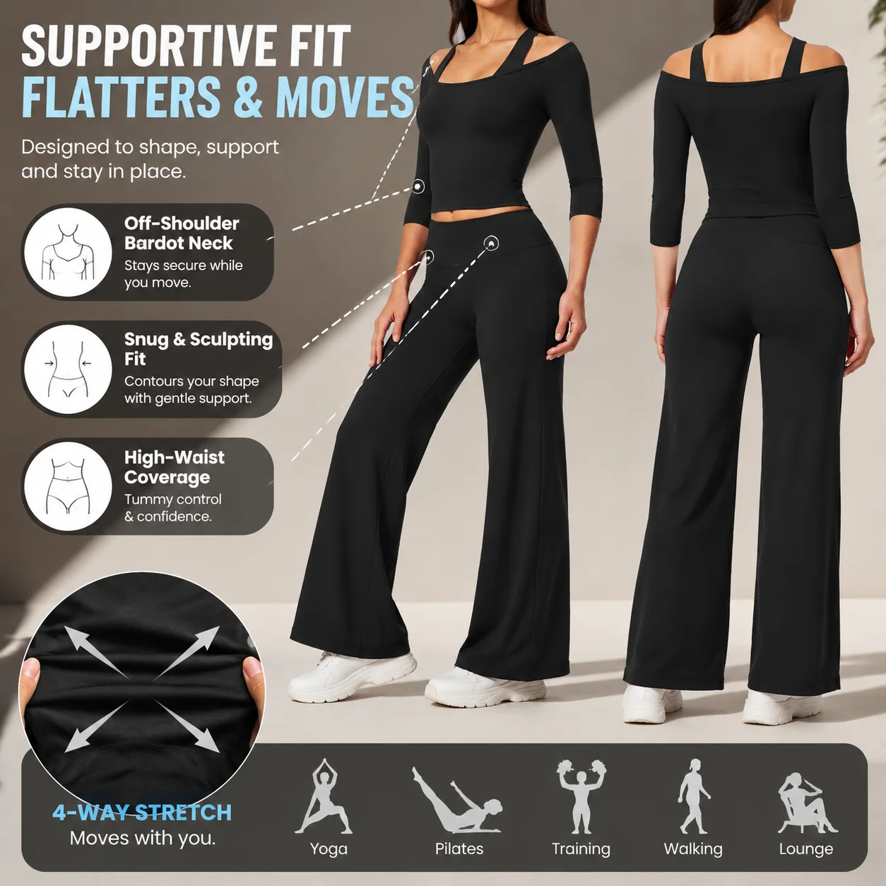 2PCS Yoga Set Women 3/4 Sleeve Off Shoulder Top High Waist Tummy Control Wide Leg Palazzo Pants Fitness