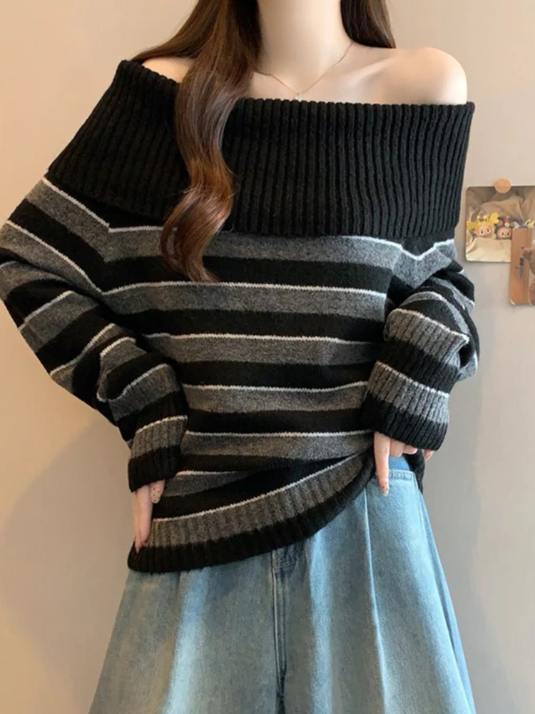 

Новый зимний женский трикотажный топ оверсайз в полоску, свободного кроя, приталенный, длинный рукав, слегка укороченный, в стиле слэш-стиль