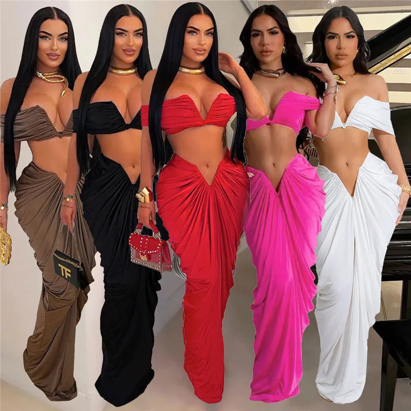 

Sexy Bodycon Women Two Piece Set Summer Off Shoulder Crop Top Draped Long Skirts Fashion Nightclub Party Female Matching Outfits