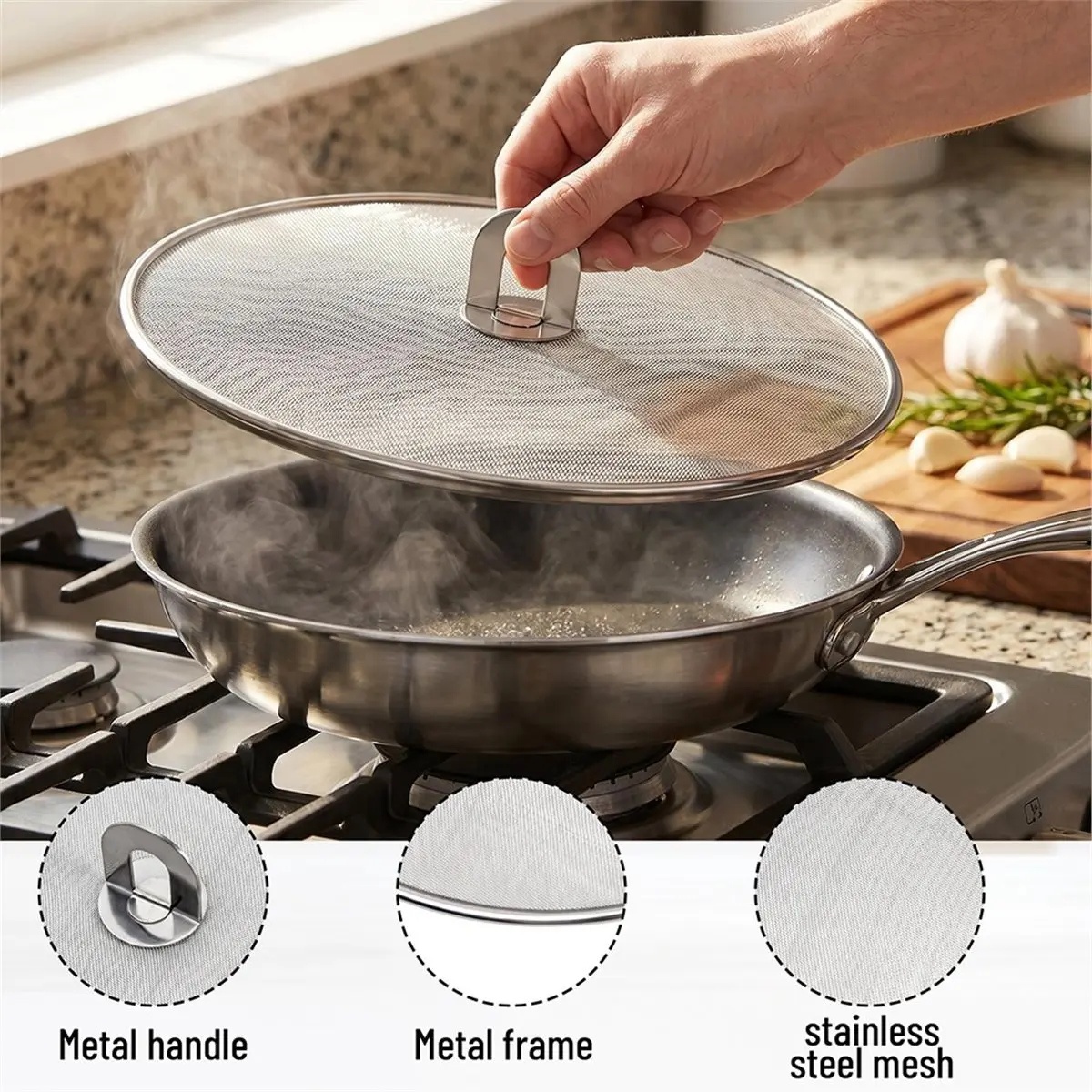 RECOMMENDATION  3-Pack Stainless Steel Splatter Guard Set, - Prevent , Oil Splash, and Mess in Kitchen