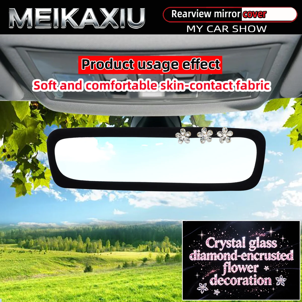 Ladies Skin-friendly Fabric Rhinestone Glittering Flower Blingbling Rearview Mirror Cover Car Interior Accessory