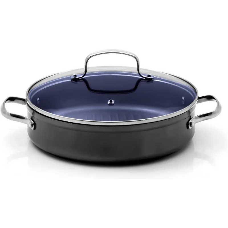 

Forged Lightweight Nonstick 10.5" Grill Pan with Lid, Healthy G10 Duralon Ceramic Coated Deeper Griddle Pan Skillet, PFAS Free