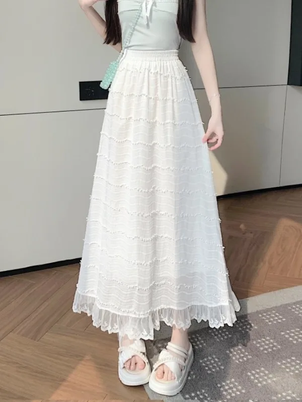 

Pure Desire White Lace Trim A-Line Midi Skirt Women's Spring Summer New High-End Versatile f-length Skirt Korean Sle