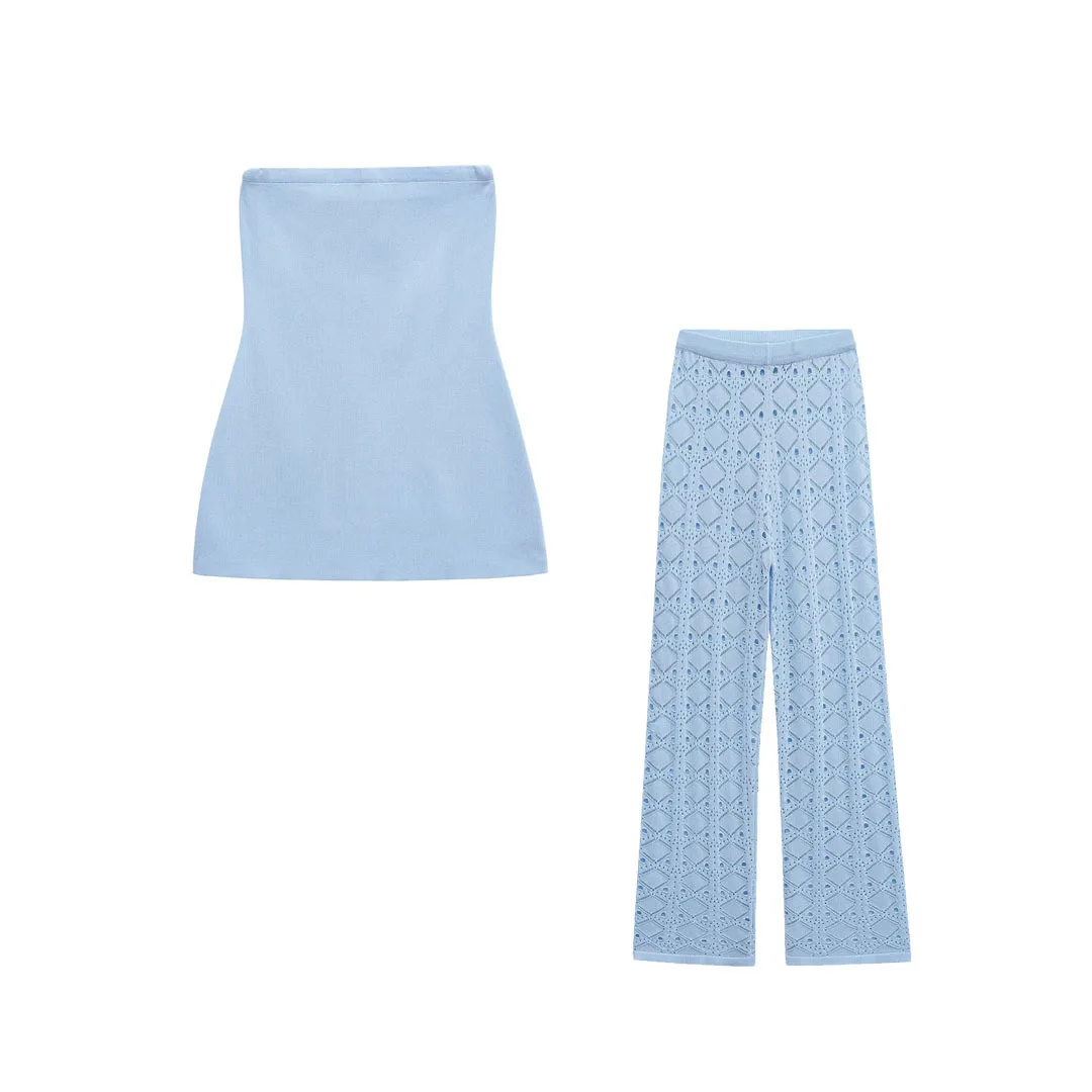 

Комплект из 2 предметов, светло-голубой вязаный топ без бретелек, майки, женские длинные брюки с эластичной резинкой на талии и отверстиями, брюки