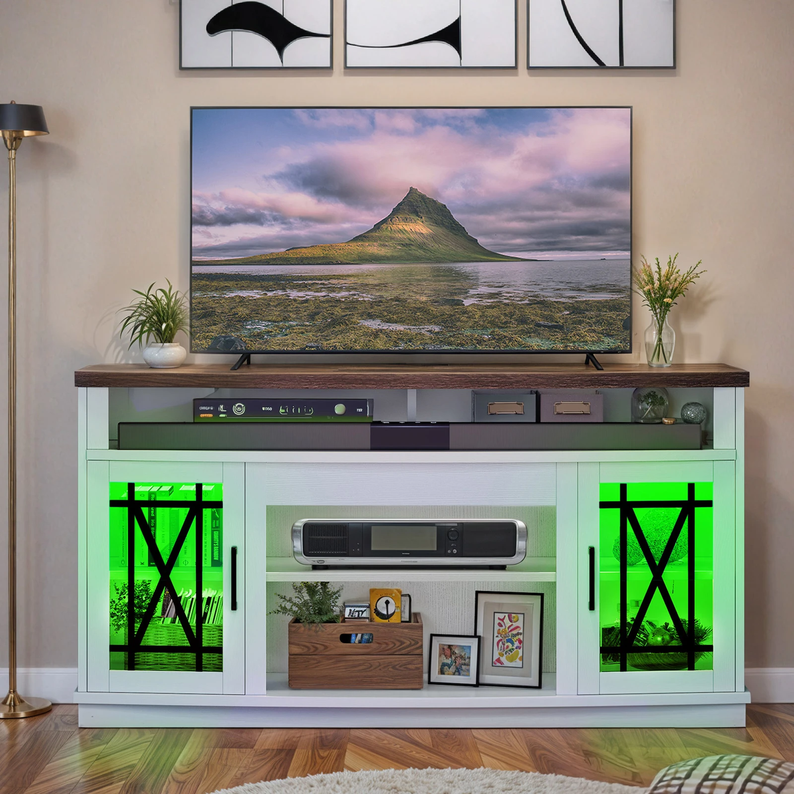 

TV Stand Console with LED Lights Glass Doors for 70 in TVs