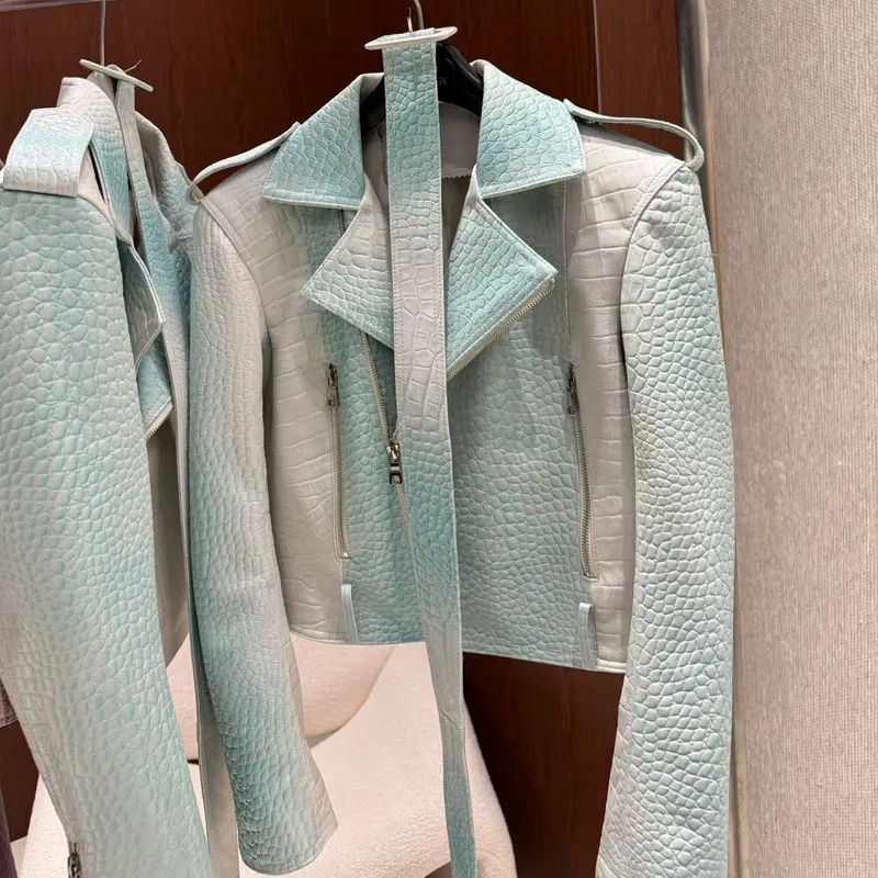 Women Coat Spring 2025 New Fashion Genuine Leather Jacket Imitation Crocodile Skin Texture Motorcycle Model