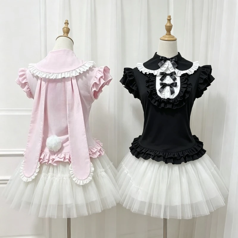 Y2K Dark Gothic Aesthetic Women Blouse Japanese Harajuku Punk Lace Ruffle Short Sleeve Slim Fit Crop Top Girl Punk Tee Shirts