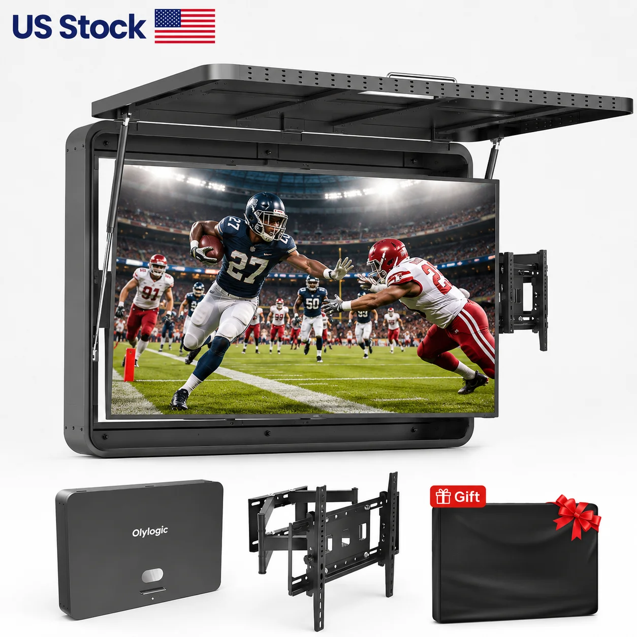 US Stock 43/55 inch Metal Outdoor Televison Enclosure Gas Struts Weatherproof IP65 Shield TV Box Full Motion Pull-Out Bracket Included for Outside Garden Patio With Waterproof TV Cover US Ship