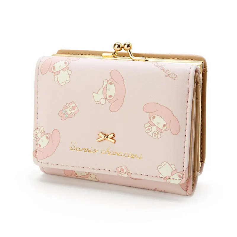 Sanrio Hello Kitty PU Women's Casual Short Two-fold Wallet Kulomi Melody Pompom Purin Style Zipper Buckle Card Clip Coin Purse