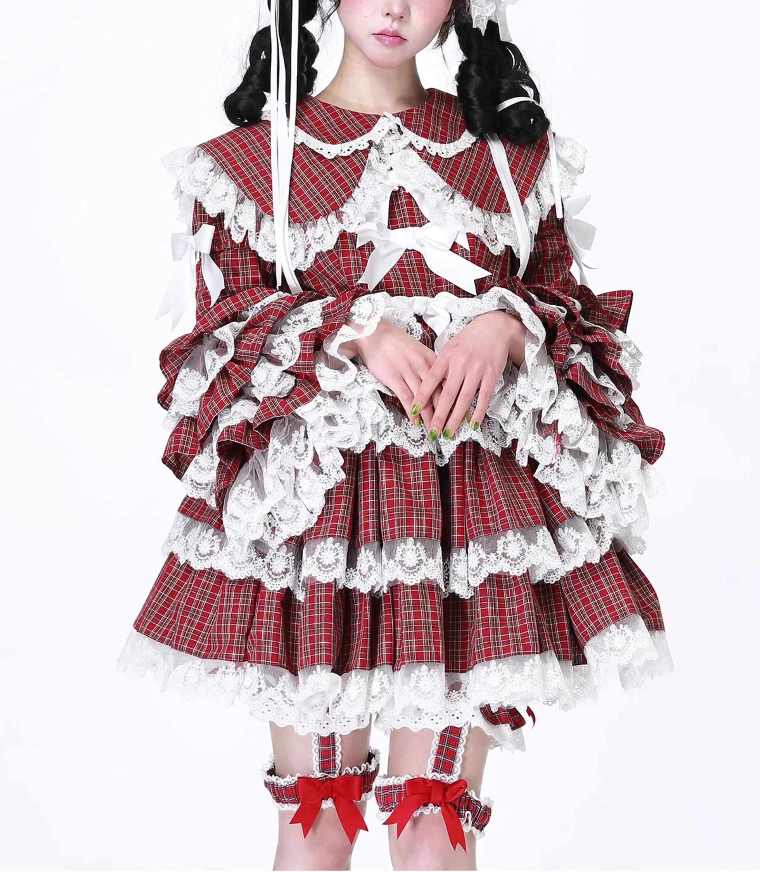 الأصلي اليابانية فتاة لينة لوليتا الأحمر منقوشة فستان المرأة لطيف القوس الدانتيل حافة انفصال الأكمام كعكة فستان الشاي فستان الحفلات Op