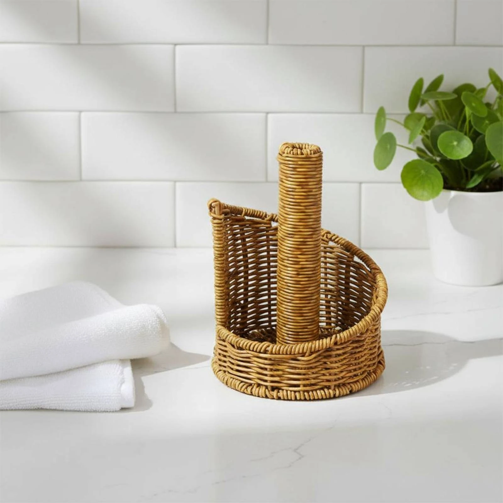 Rattan Tissue Holder Cylindrical Post Basket Tissue Stand Toilet Tissue Roll Holder Desktop Tabletop Accessory Freestanding