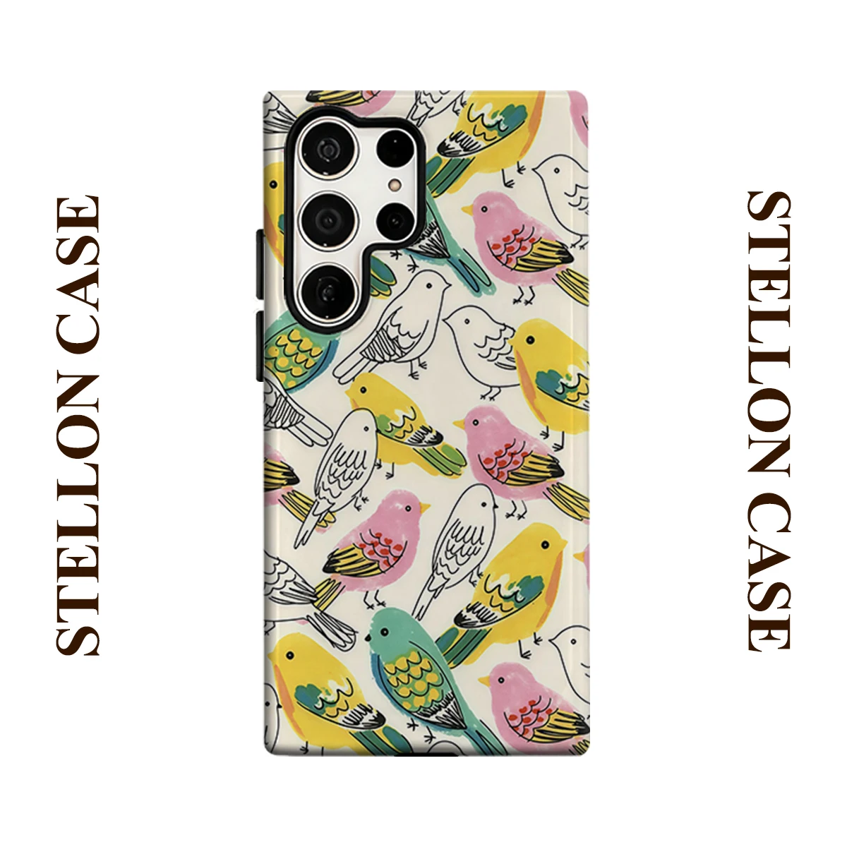 Watercolor Little Bird Doodle Glossy Double Layer Shockproof Phone Case For Samsung Galaxy S25 Ultra S24 Plus S23  Ultra Cover