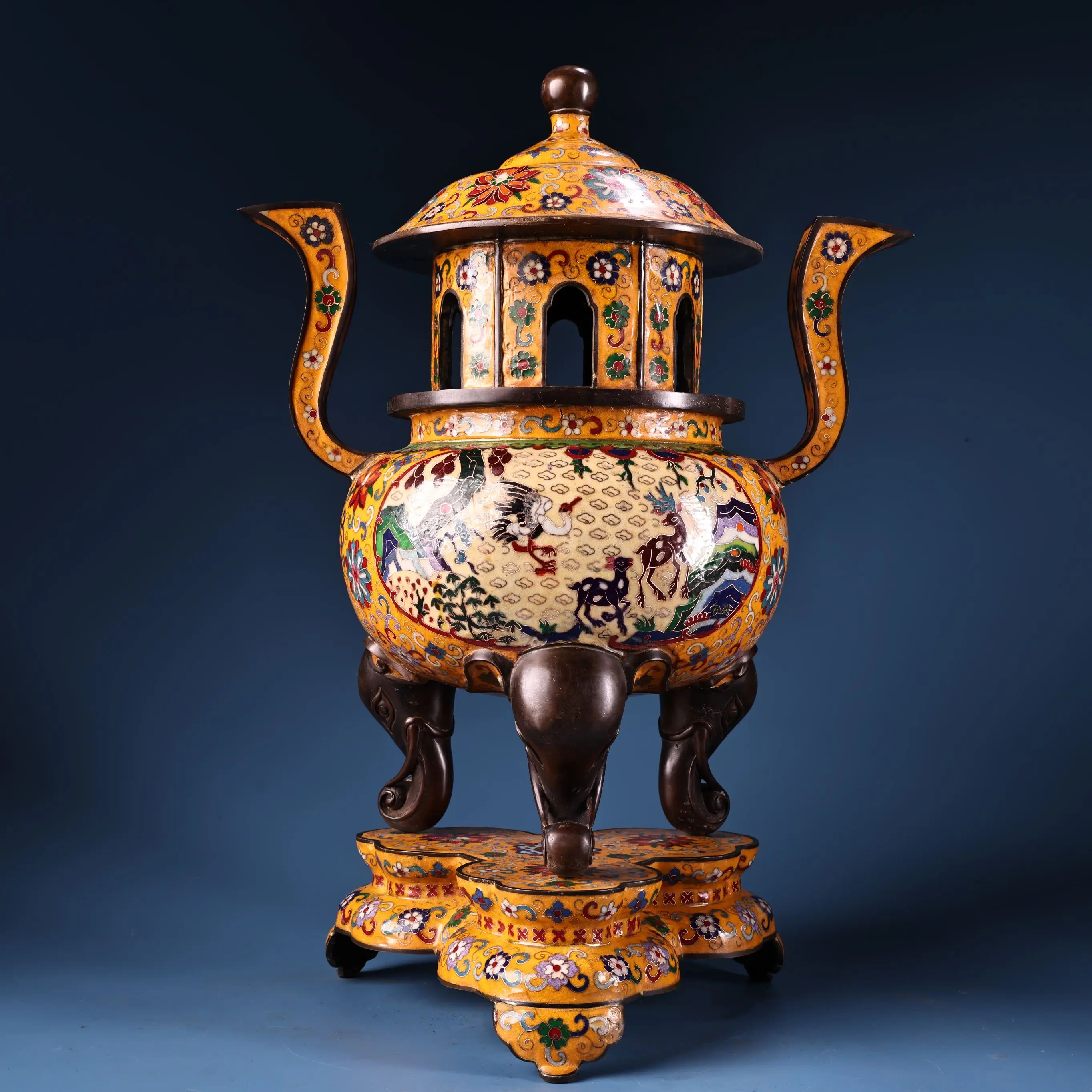 

22"Tibetan Temple Collection Old Bronze Cloisonne Crane Deer Pattern Ear punch Buddha Pagoda Incense Burner Base Town house