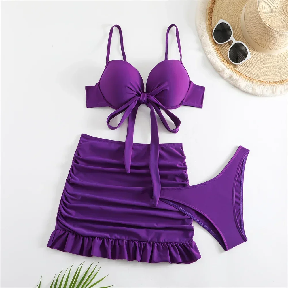 Purple Bikini Push Up Swimsuit Bowknot Bandage Swimwear Pads Women Ruffles Pleated Skirt Thong 3 Piece Beach Outfit Bathing Suit