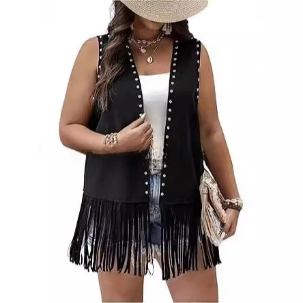 

Женская куртка без рукавов с кисточками, пальто с заклепками, удобный крой, модный европейско-американский стиль, размер S-XXXL