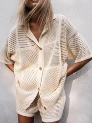 Women Casual Knit Shorts Sets Crochet Lapel Top and Short 2-Piece Set Hollow Out Cardigan Holiday Knit Suit Woman Clothes A3142