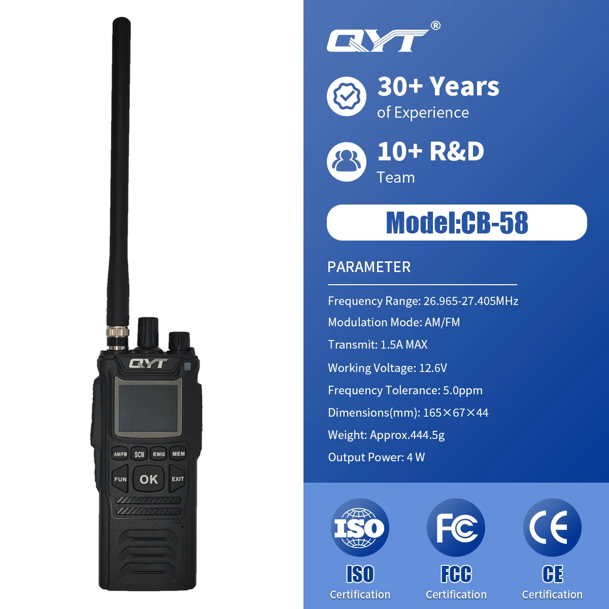 Hot Sale Cheaper 40 Channels QYT CB-58 27MHz 10meter Am Fm Cb Radio Handheld Walkie Talkie AA Battery Version
