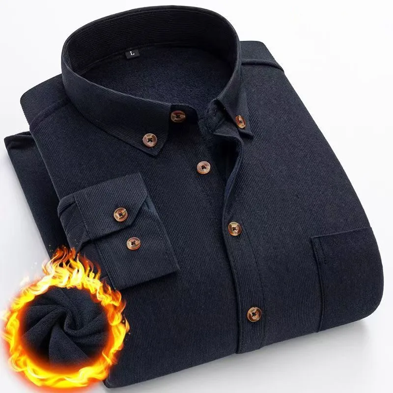 2025 Winter Men\'s Fashion New Corduroy Plus Fleece Thick Warm Shirt High Quality Solid Color Slim Casual Shirt