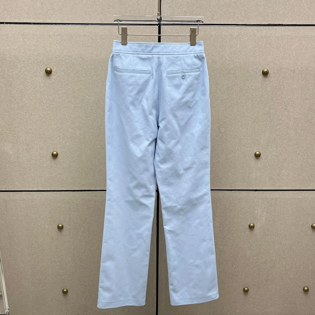 High Quality Women Light Blue High Waist Flared Pants, Faux Pocket Decor Slim Fit Long Trousers Office Casual Pants