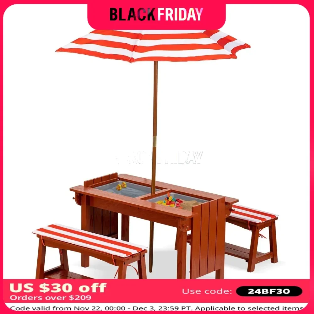 Picnic Table with Umbrella with Bench Set, Cushions, 2 Removable Boxes, 4-in-1 Sand, Water Activity, Outdoor Table