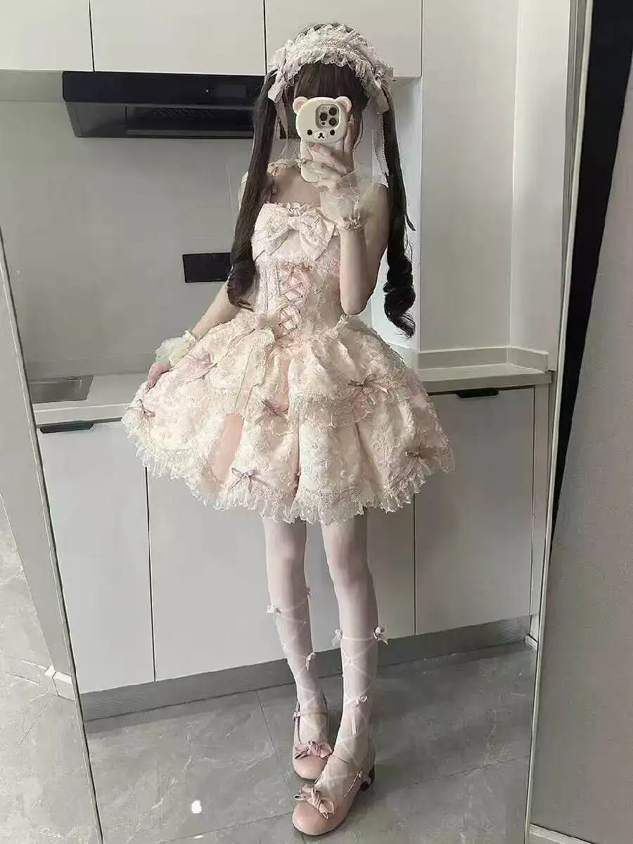 Original Age Reduction Pink Princess Dress Elegant Off Shoulder Sleeveless Suspenders Cake Dress Birthday Graduation Party Dress