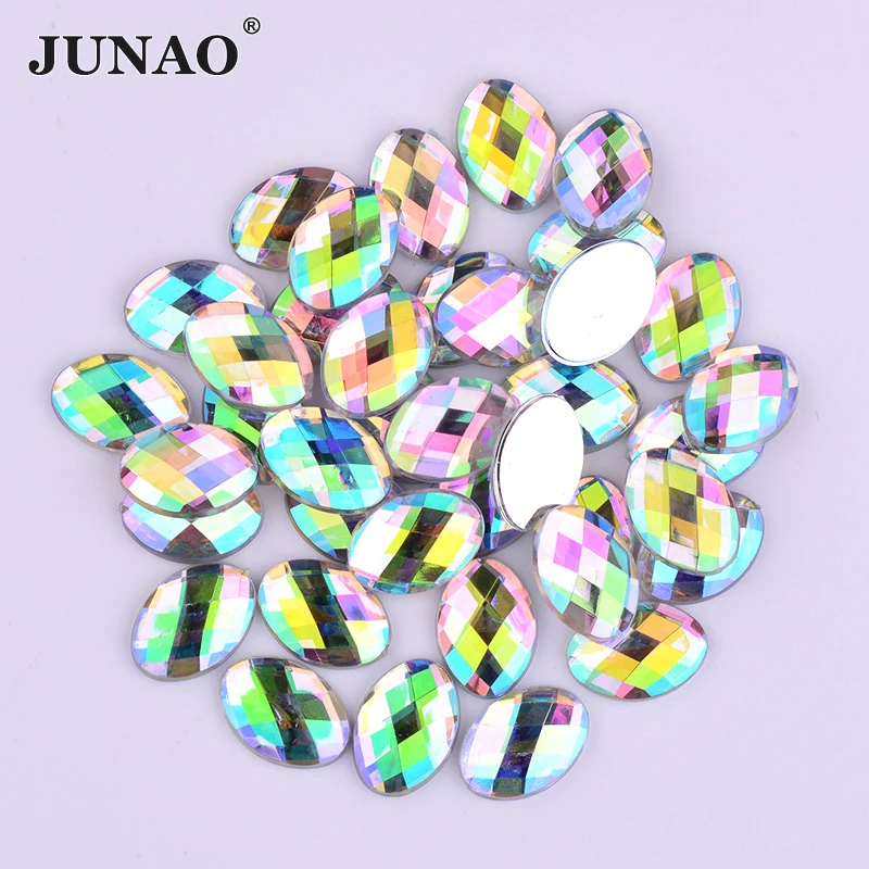 JUNAO 10*14mm 13*18mm Crystal AB Oval Shape Rhinestone Flatback Acrylic Crystals Non Sewing Strass For DIY Jewelry Making Carft