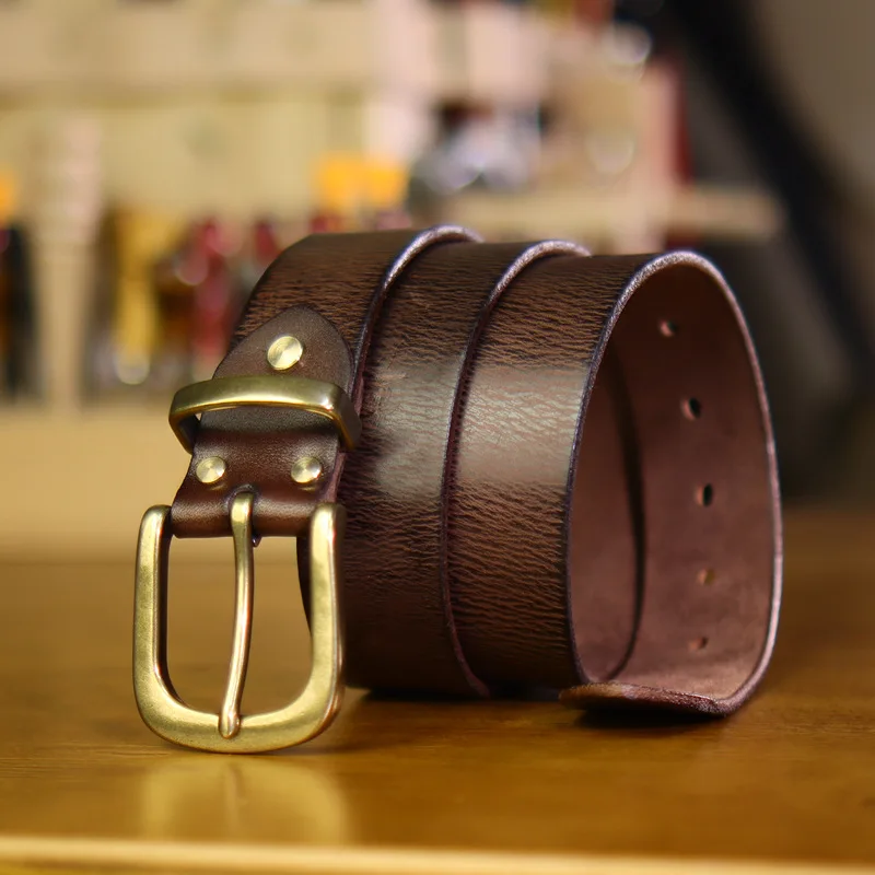 3.8cm/1.5'' First Layer Leather Belt Solid Brass Buckle Belt Hand-Rubbed Copper Buckle Men's Belt Casual Versatile Waistband