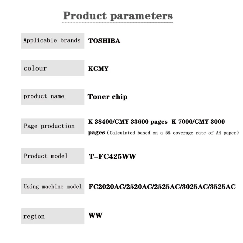 T-FC425 KCMY Toner Chip  Toner Cartridge Chip for Toshiba 6525AC/FC2020AC/2520AC/2525AC/3025AC/4525AC/3525AC/5525AC3525ACG/