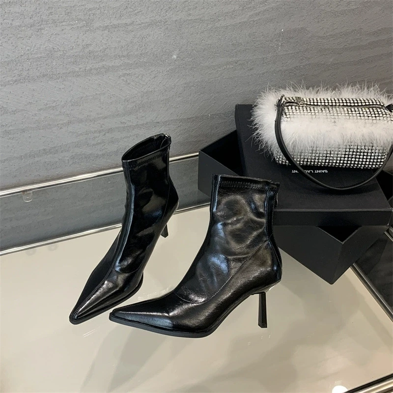 

Sexy Women Pointed Toe Vintage Ankle Boots Thin Low Heel Warm Knight Boots Fashion Slip on Party Wedding Shoes Woman