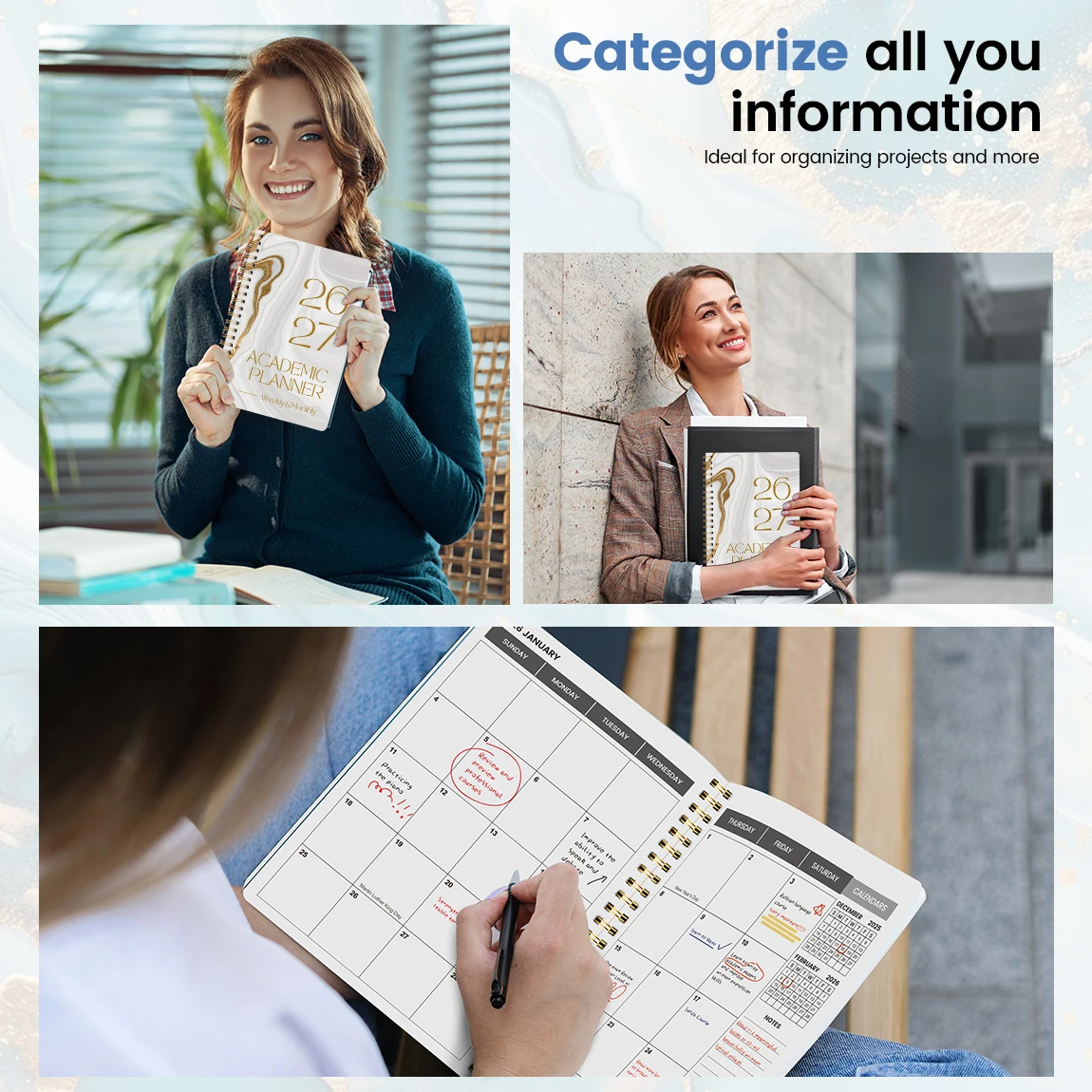 2026.1-2027.12 Agenda settimanale mensile Organizzatore accademico, elegante copertina in marmo dorato, calendario a spirale per la produttività del lavoro di studio