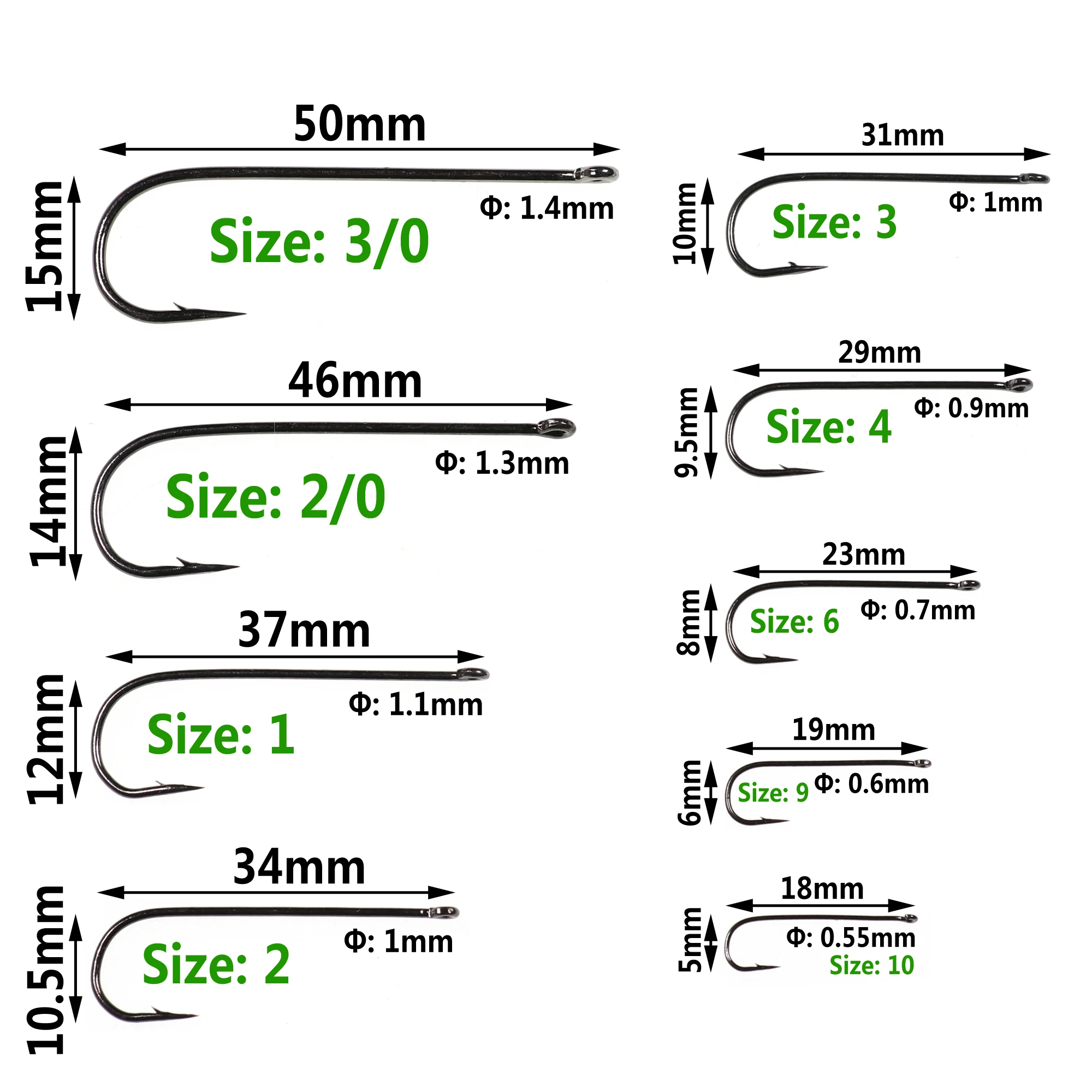 Wifreo 100PCS Aberdeen Long Shank Fish Hook Saltwater Fresh Water Fishing Hooks Sabiki Rig Streamer Fly Hook Size 16 to  2/0 3/0