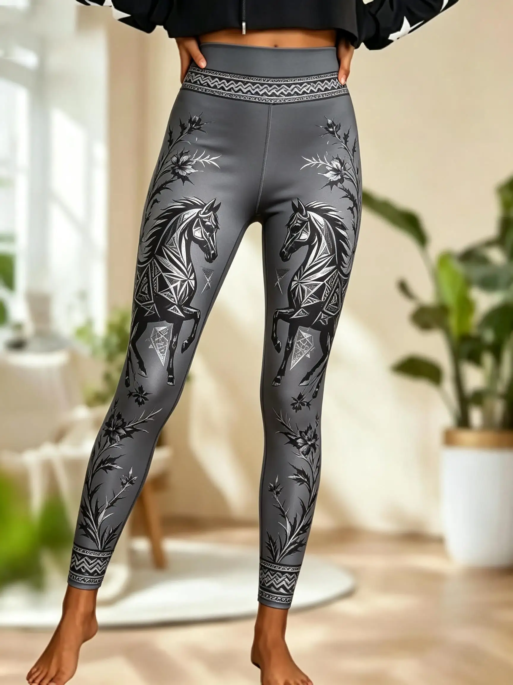Women Fleece‑lined Mid‑rise Leggings Vintage Ornate Horse Floral Scroll Ethnic Border Full‑leg Print Slim Stretch Casual Pants