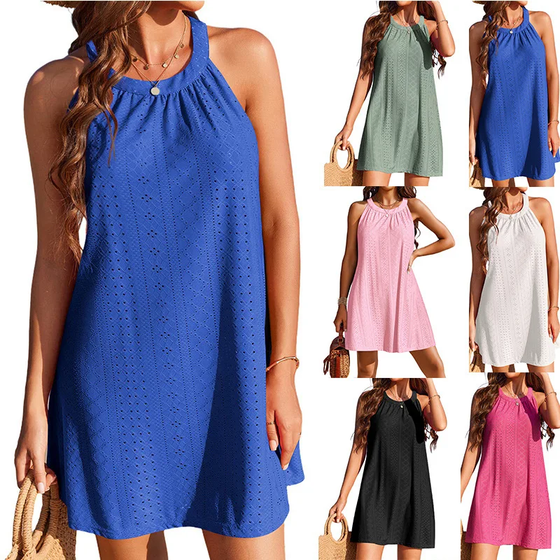 

Women's Eyelet Halter Dress Sleeveless Casual Summer Styles with Multiple Color Options