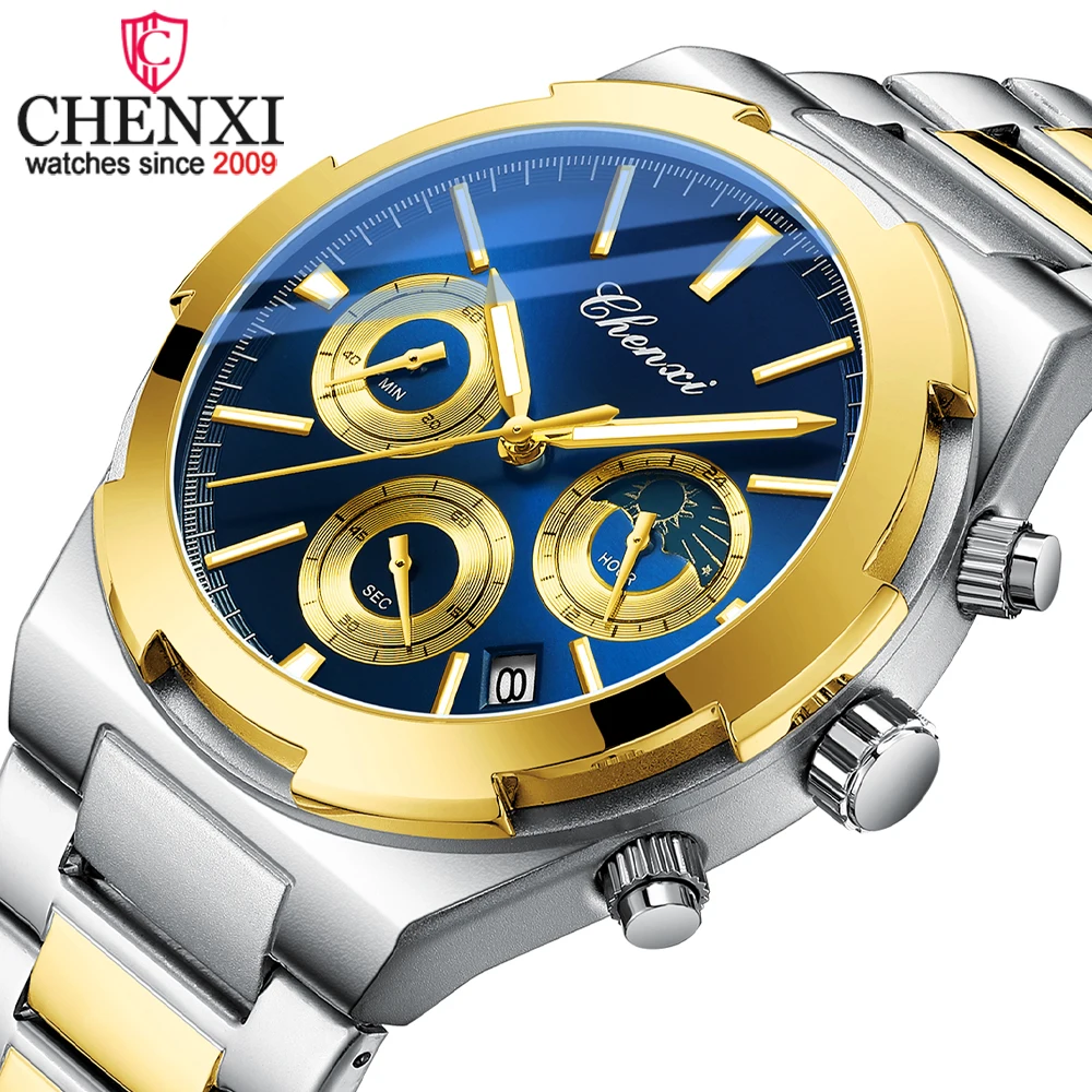 CHENXI Men's Stainless Steel Multi-function Watch Luminous Waterproof Moon Phase Calendar Chronograph Outdoor Sports Wristwatch