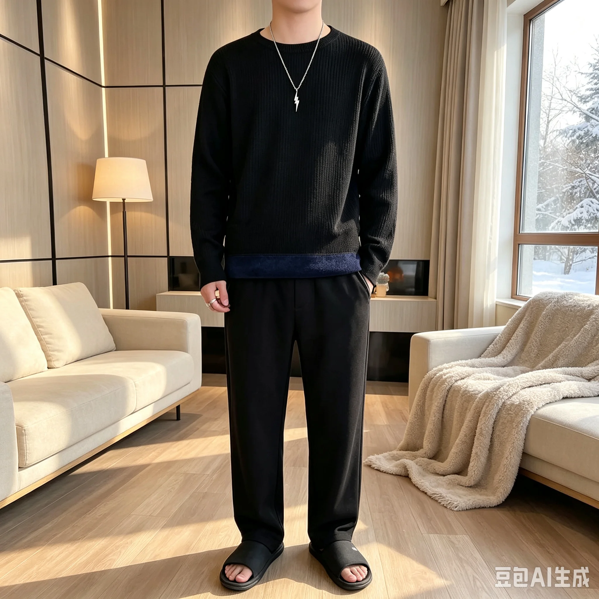 Large size sweater for men in winter, loose fit with thick velvet, solid color round neck, machine washable one-piece velvet kni